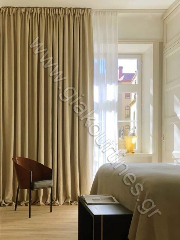 Κουρτίνα blackout τύπου λινό μπεζ, εσωτερική κουρτίνα λευκή