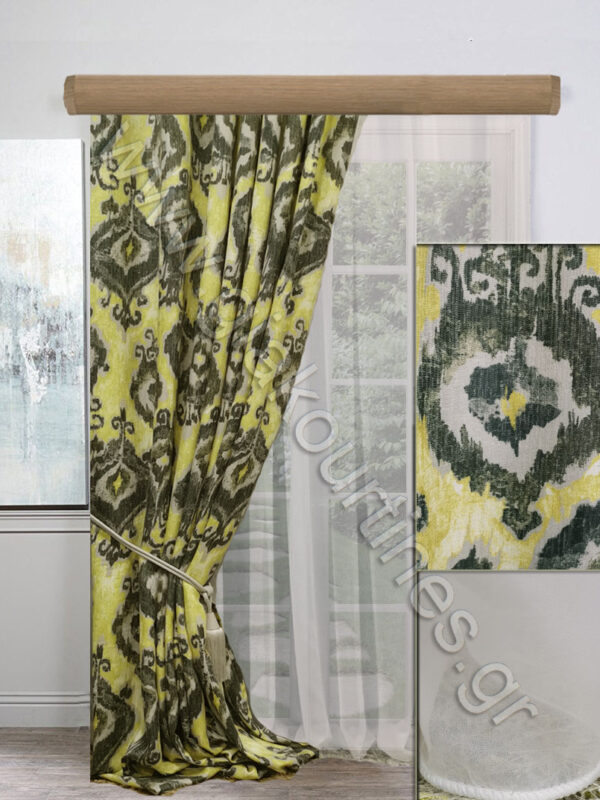 ΚΟΥΡΤΙΝΕΣ ΣΕΤ,ΡΙΝΤΟ LIME ΓΚΡΙ, ΚΟΥΡΤΙΝΑ ΧΥΤΗ OFF WHITE