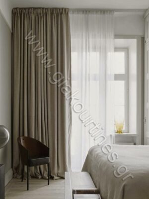 Κουρτίνα blackout τύπου λινό γκρεζ, εσωτερική κουρτίνα λευκή