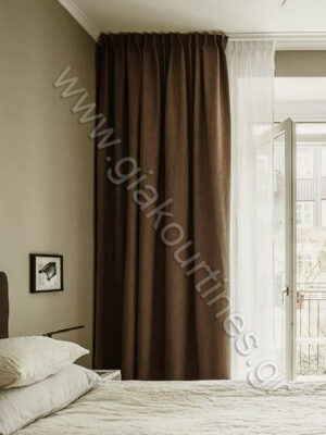 Κουρτίνα blackout τύπου λινό καφέ, εσωτερική κουρτίνα λευκή