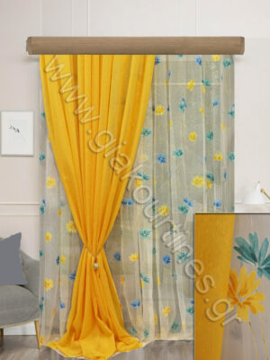 ΣΕΤ ΚΟΥΡΤΙΝΕΣ ΡΑΜΜΕΝΕΣ, ΡΙΝΤΟ ΚΙΤΡΙΝΟ + ΕΣΩΤΕΡΙΚΗ FLORAL