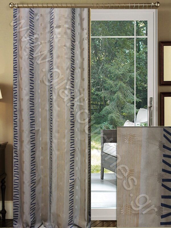 ΚΟΥΡΤΙΝΑ ΑΔΙΑΦΑΝΗ ΡΑΜΜΕΝΗ, ΤΑΦΤΑΣ ΑΝΟΙΧΤΟ ΓΚΡΙ ΜΕ ΡΙΓΑ ΜΠΕΖ ΚΑΙ ΜΟΤΙΒΑ ΜΠΛΕ, 2,5Μ ΦΑΡΔΟΣ Χ 3Μ ΥΨΟΣ