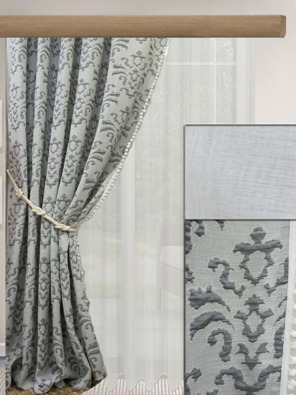 ΚΟΥΡΤΙΝΕΣ ΣΑΛΟΝΙΟΥ, ΖΑΚΑΡ ΠΑΣΤΕΛ ΜΠΛΕ ΜΕ ΠΟΜ ΠΟΜ, ΜΟΝΟΧΡΩΜΗ ΚΟΥΡΤΙΝΑ ΛΕΥΚΗ