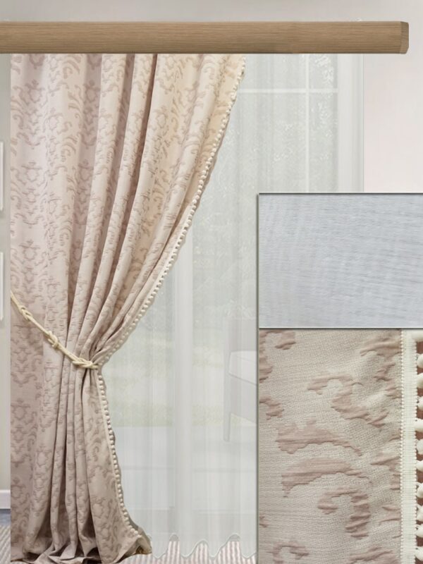 ΚΟΥΡΤΙΝΕΣ ΣΑΛΟΝΙΟΥ, ΖΑΚΑΡ ΠΑΣΤΕΛ ΡΟΖ ΜΕ ΠΟΜ ΠΟΜ, ΜΟΝΟΧΡΩΜΗ ΚΟΥΡΤΙΝΑ ΛΕΥΚΗ