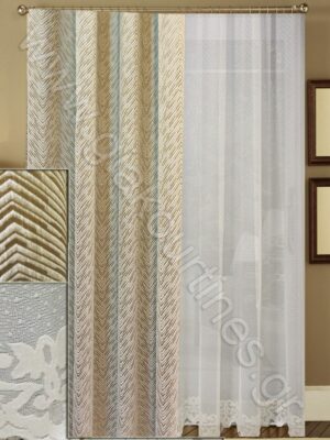 ΚΟΥΡΤΙΝΕΣ ΡΑΜΜΕΝΕΣ ΣΕΤ, ΡΙΝΤΟ ΠΟΛΥΤΕΛΕΙΑΣ ΜΠΕΖ ΜΕ ΚΛΩΣΤΗ ΦΛΟΣ 2,50Μ ΦΑΡΔΟΣ, ΚΟΥΡΤΙΝΑ ΥΠΟΛΕΥΚΗ  ΧΥΤΗ ΑΤΣΑΛΑΚΩΤΗ ΜΕ ΦΙΣΤΟΝΙ 4Μ ΦΑΡΔΟΣ